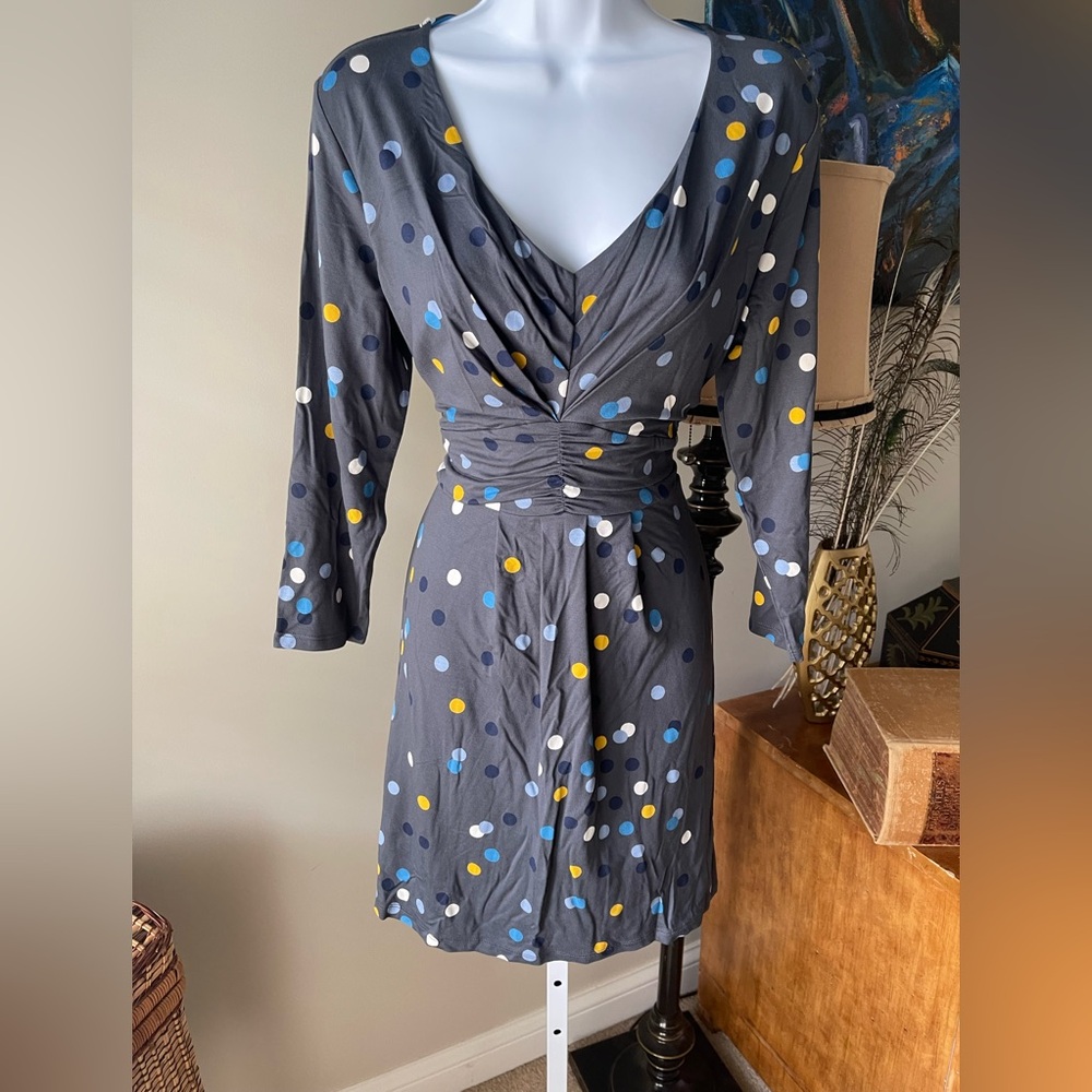 Boden Gray Polka Dot Midi Dress Size 10R Ruched Waist 3/4 Sleeve NWOT